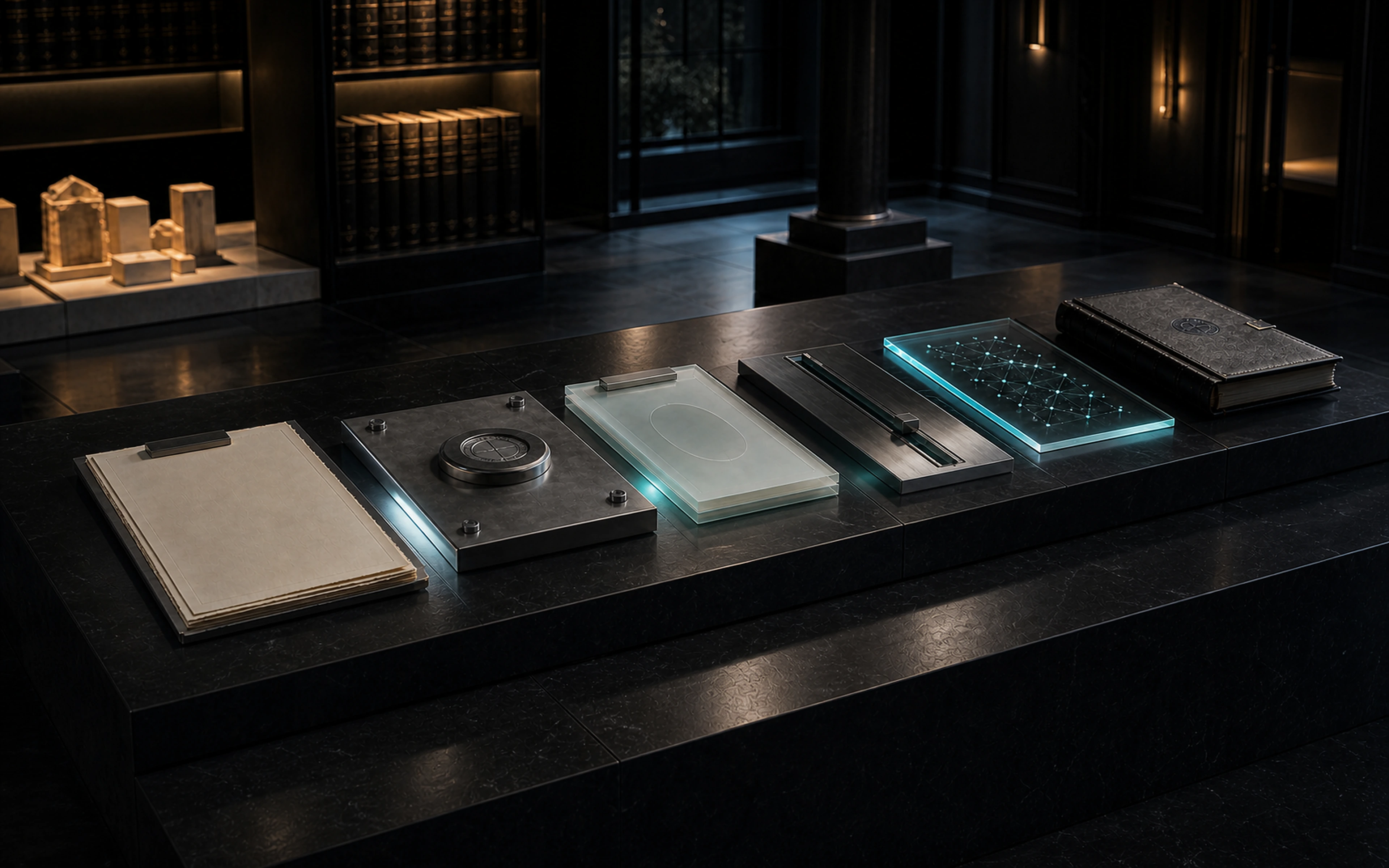 An editorial still life of documents, approval materials, structured glass forms, and a bound register representing the controlled issuance sequence